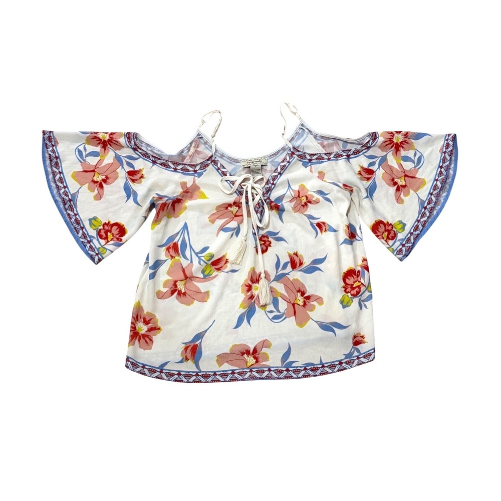 Flying Tomato Womens Floral Cold Shoulder Bell Sleeve Tassel Blouse White Large